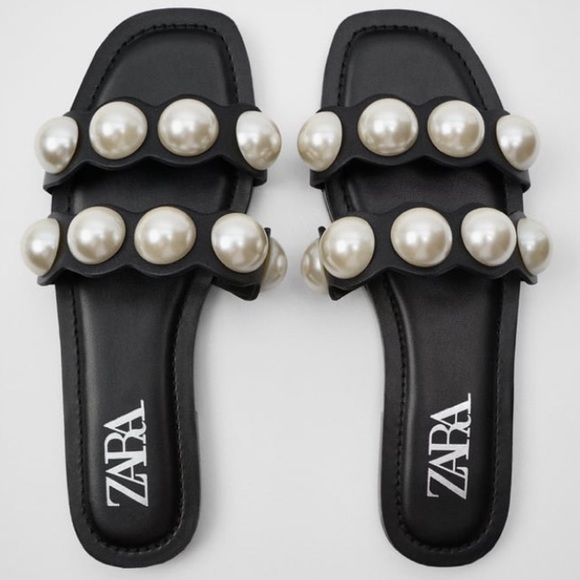 Zara Shoes Zara Black Leather Slide Sandals With Pearls Poshmark